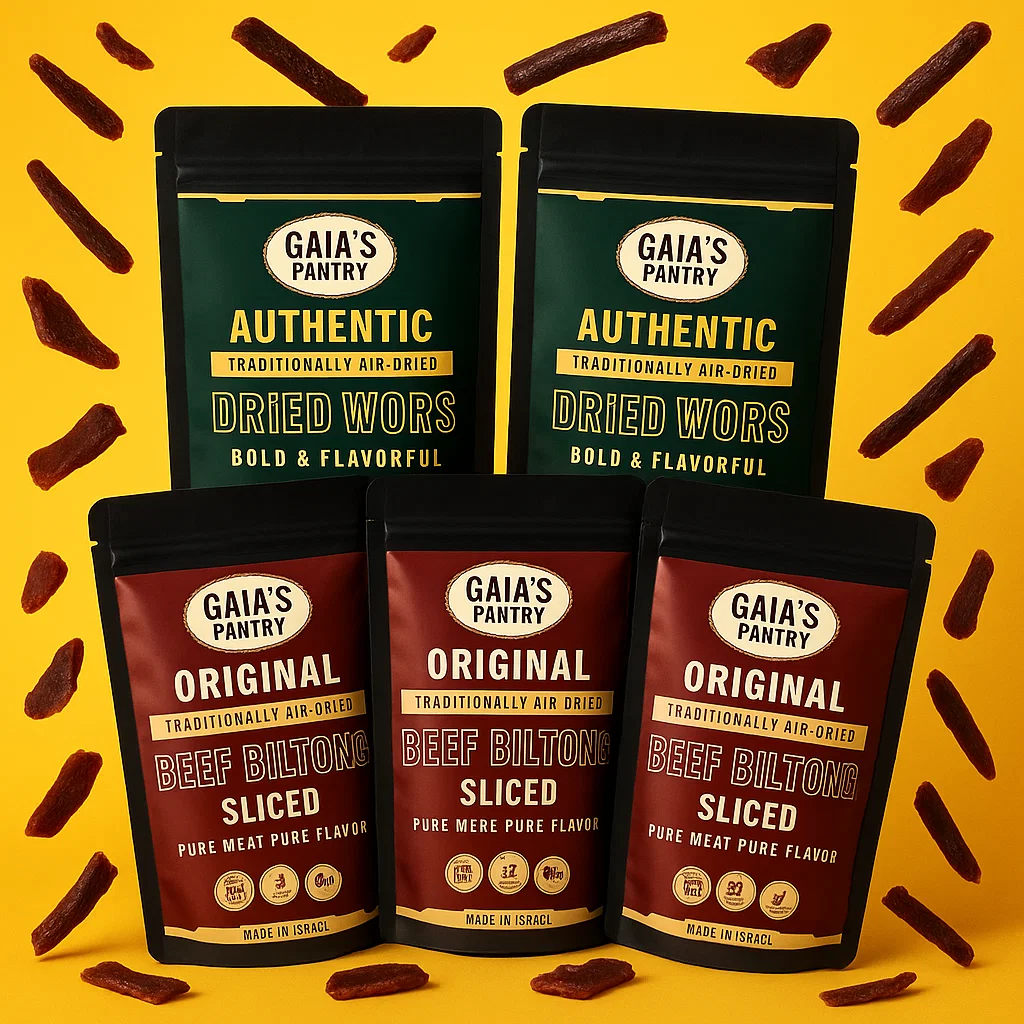 Two packages of Dried Wors and three packages of Gaia's Pantry Biltong on a yellow background