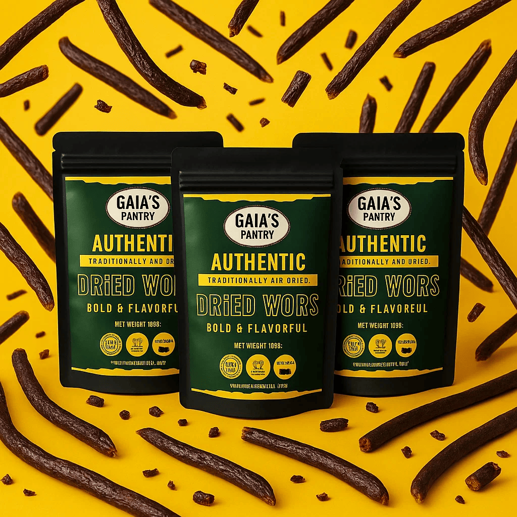 Three packages of Gaia's Pantry Authentic Dried Wors on a yellow background
