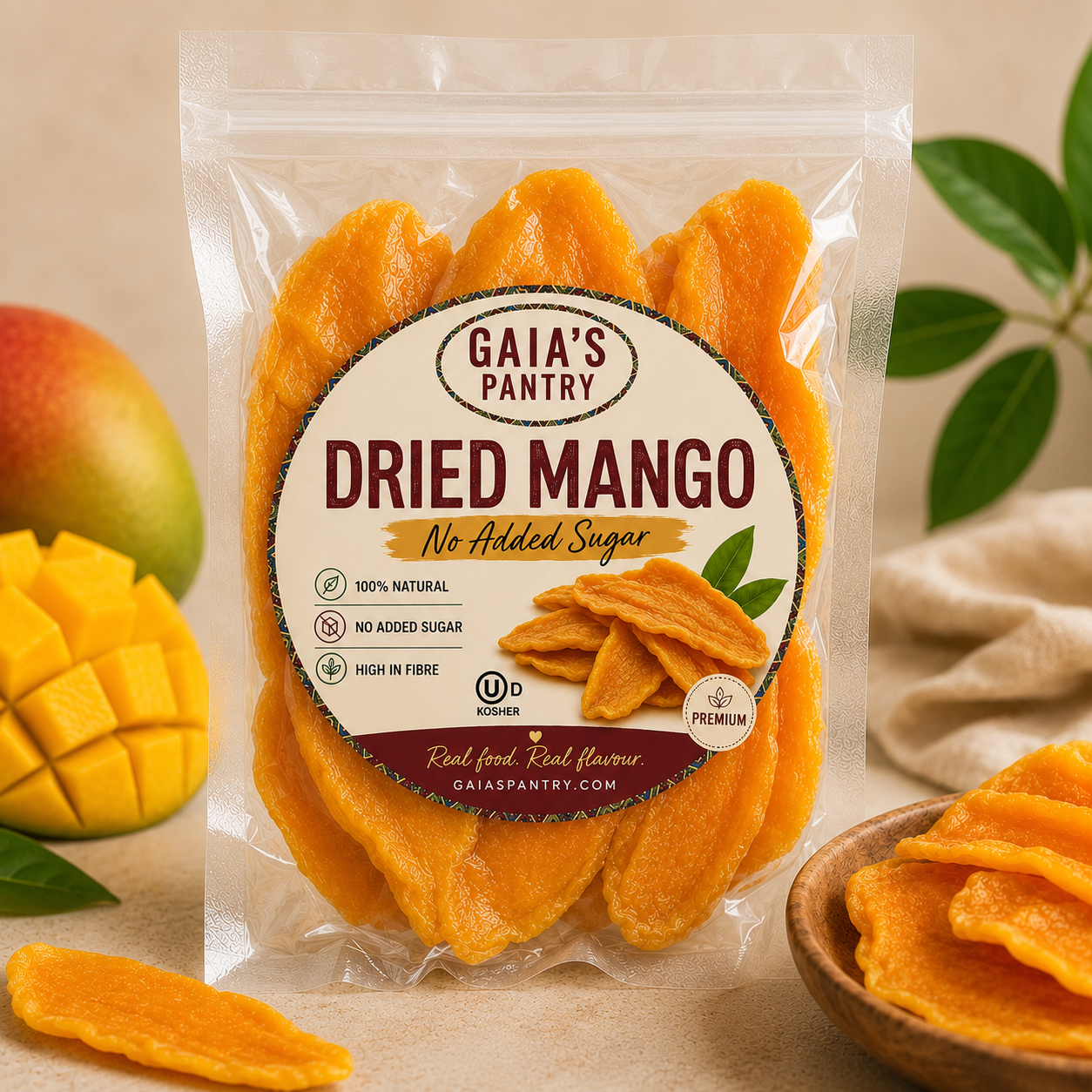 A clear plastic bag of Gaia's Pantry Dried Mango snacks, showing the golden-orange dried slices inside. The packaging features a large circular label with product details.
