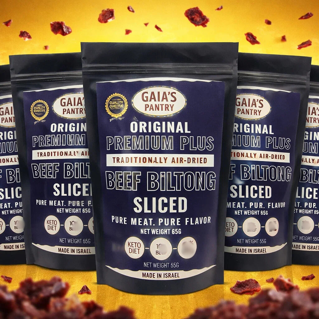 Gaia's Pantry premium plus beef biltong packages on a yellow background with biltong slices