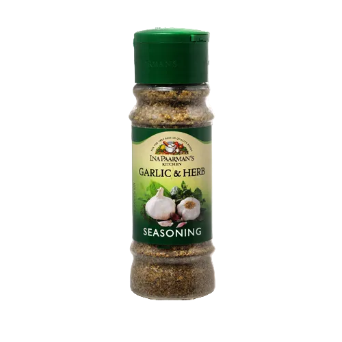 Ina Paarman Garlic & Herb Spice bottle, versatile South African-inspired seasoning for meats, vegetables, and sauces