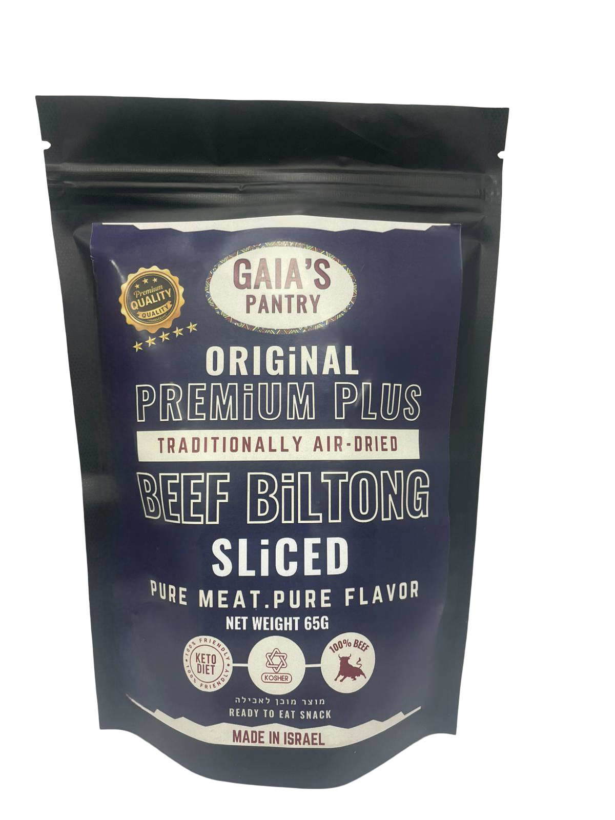 Package of Gaia's Pantry beef biltong on a white background