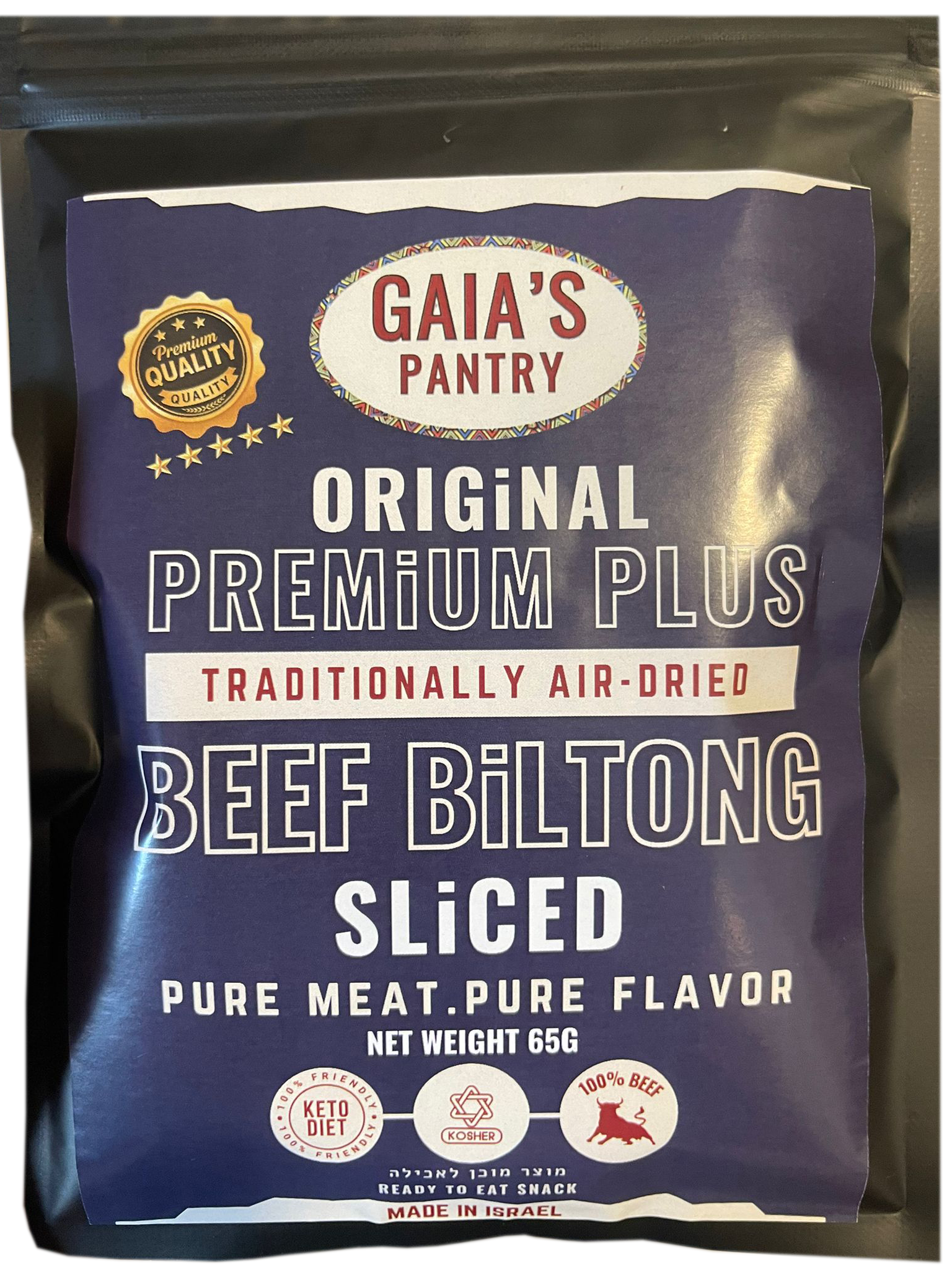Premium Plus Sliced Biltong, high-quality kosher South African dried beef, hand-sliced, protein-rich snack