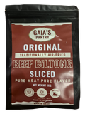 Gaia's Pantry Biltong sliced packaging with nutritional information on a white background