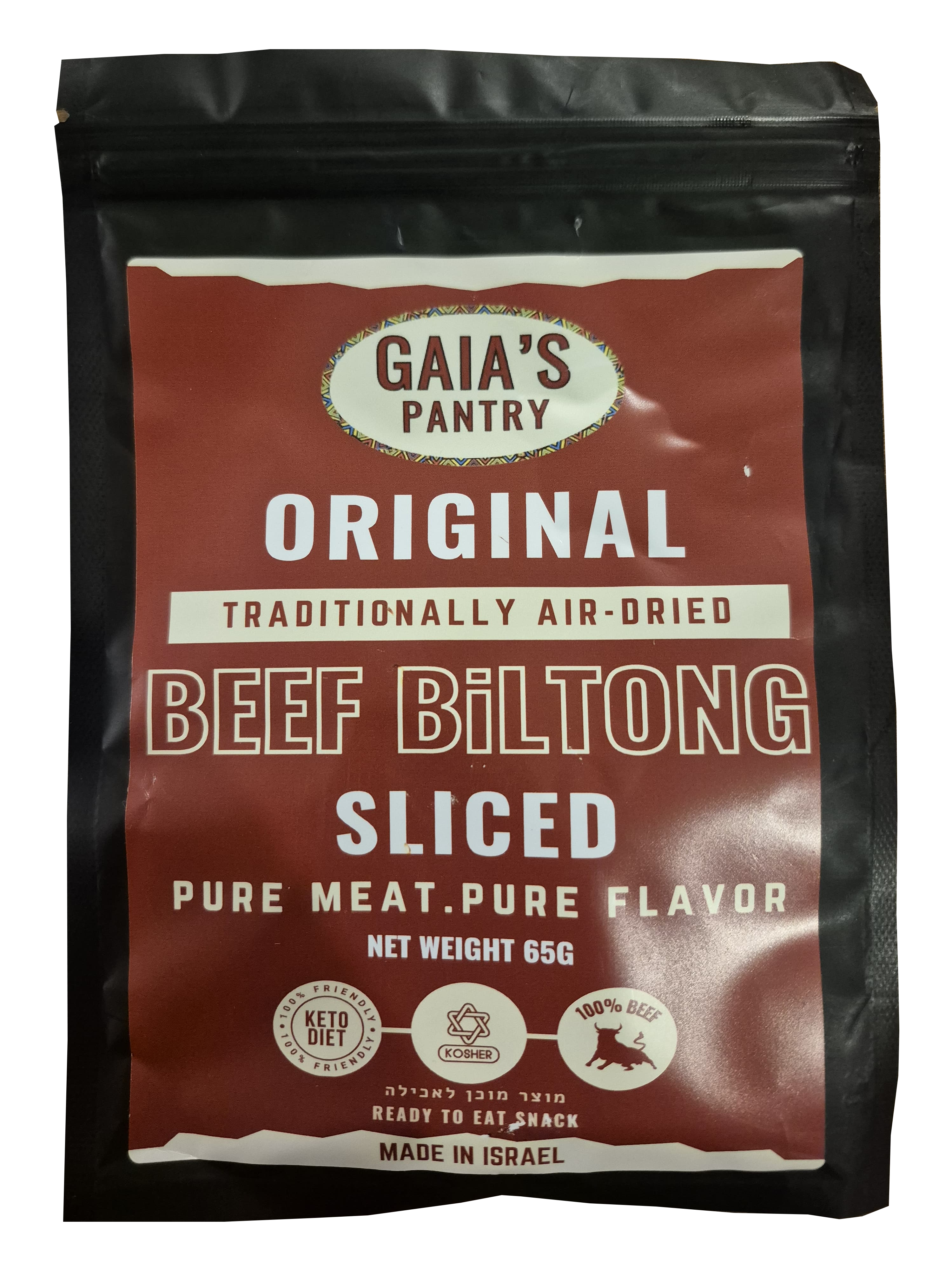 Gaia's Pantry Biltong sliced packaging with nutritional information on a white background