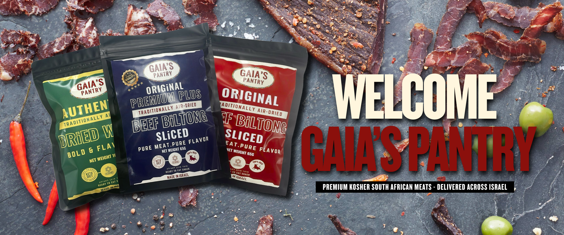Gaia's Pantry meat packages with text 'Welcome Gaia's Pantry' on a dark background with dried meats.