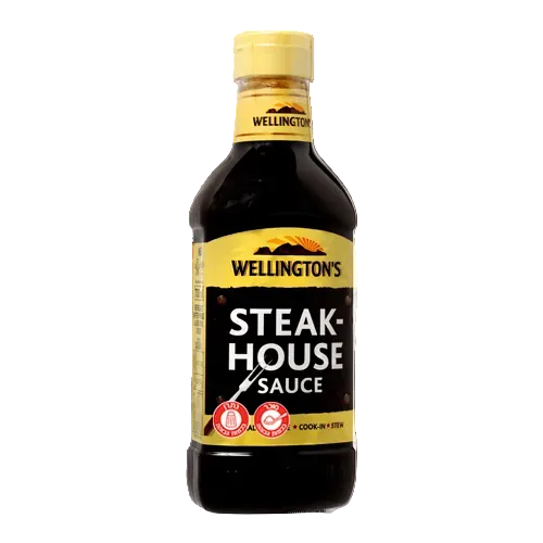 Wellington's Steak Sauce bottle, rich and tangy South African-inspired sauce for steaks and grilled meats