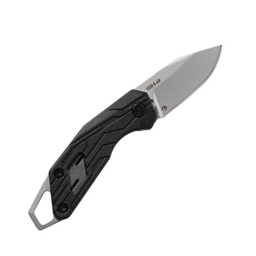 Folding biltong knife with black handle and silver blade on a white background